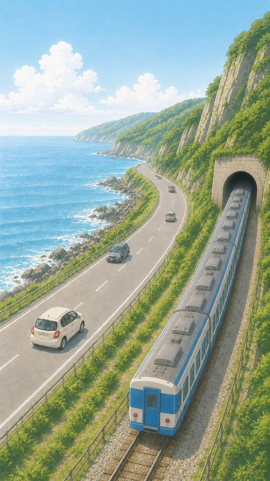 海岸、公路與列車，朝同一個方向前進